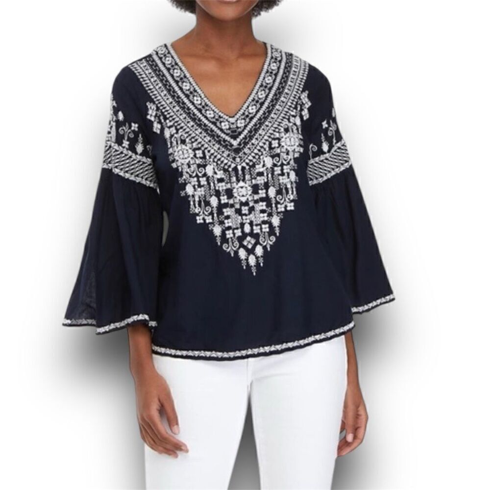 Chelsea & Theodore Black Beige Embroidered Boho Bell Sleeve Blouse, Women’s M